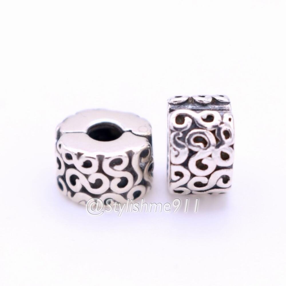 Two Authentic PANDORA Silver Swirls Clips Charms - 790338